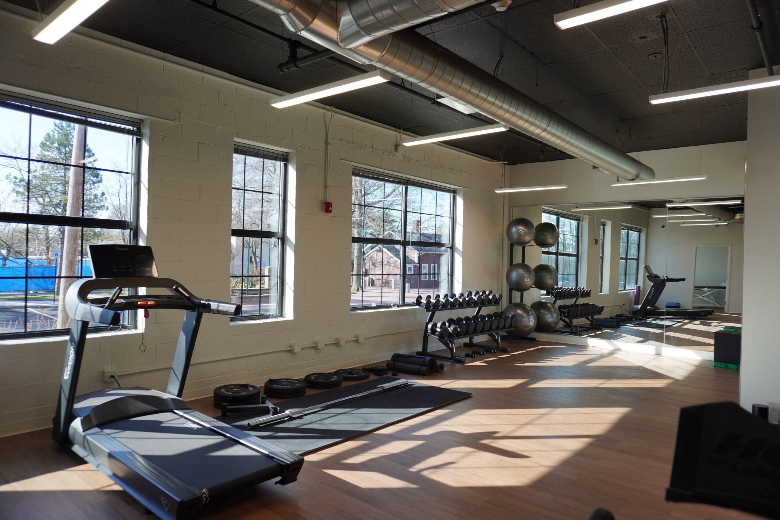 physical therapy clinic, involving dumbbells and a treadmill and mirrors. Gym space. Workout equipment. Gym equipment.